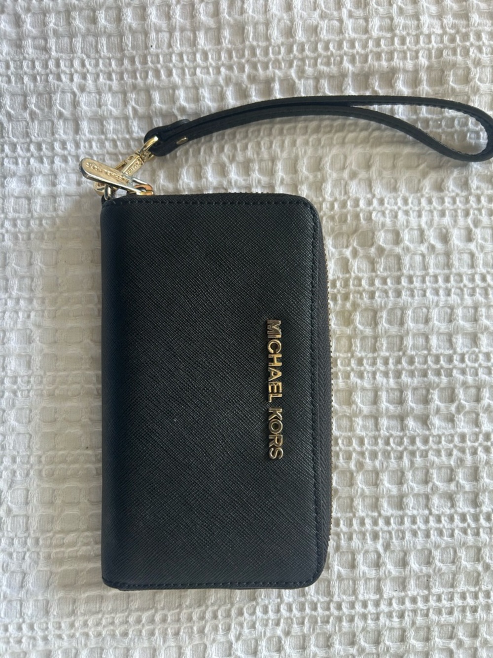 Michael Kors Black Leather Zip Wristlet with Gold Logo - Picture 2 of 4